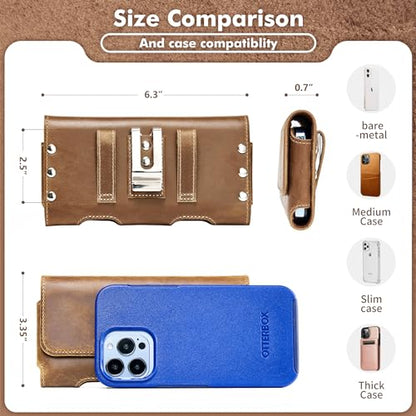 Gcepls Leather Phone Holster for iPhone 14,15,15 Pro,16,16 Pro,Galaxy S23,S24,Brown Cowhide Leather Phone Belt Holder Pouch with Belt Clip - color: Brown, size: Medium (6.3x3.35x0.7”)