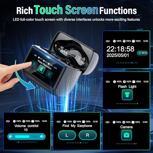 Wireless Earbuds with Touch Screen, Bluetooth 5.4 Headphones, ANC/ENC Noise Cancelling, 48H HiFi Stereo Bluetooth Ear Buds with 5 EQ Modes, Transparency Mode, IPX7 Earphones, Black