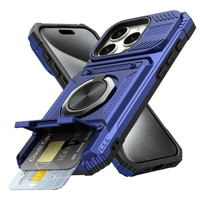 Vofolen for iPhone 15 Pro Case Wallet with Card Holder [Store 2 Cards] Blue | 360° Magnetic Rotated Ring Stand, Dual Layer Heavy Duty Drop Protection Wallet Phone Case Cover for iPhone 15 Pro 6.1'' Blue - color: Blue