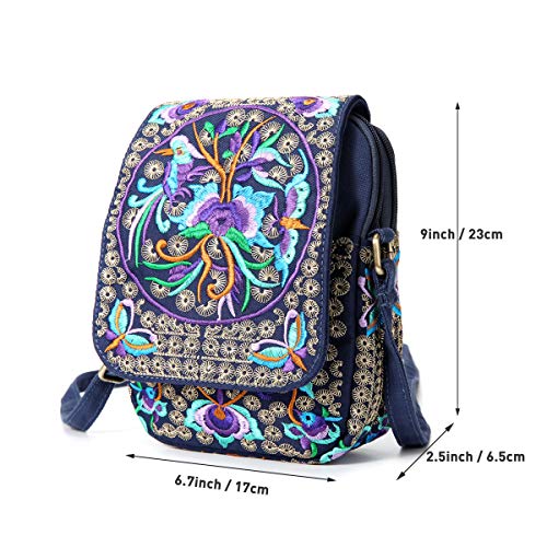 SILKAREA Embroidered Cute Mini Crossbody Bag for Women Small Handbags Wristlet Wallet Bag Cell-phone Pouch Coin Purse - color: Blue + Flower-medium