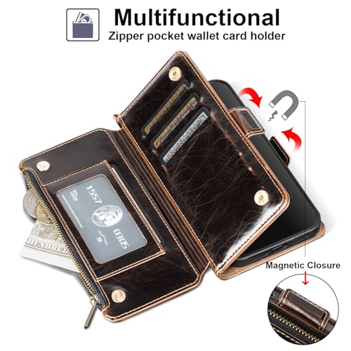 Antsturdy for iPhone 17 Pro Phone Wallet Case Women,Coffee | RFID Blocking,with Credit Card Holder Slots,PU Leather Purse,Zipper Pocket,Wrist Strap Kickstand,Flip Folio Cover for Men - color: Coffee