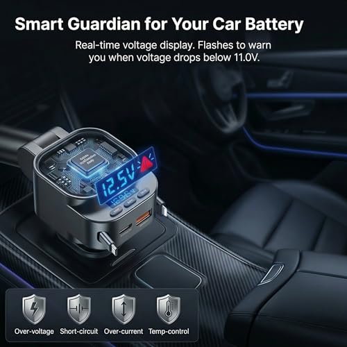 Bluetooth 5.3 Car Adapter, 96W FM Transmitter, 4-in-1 Retractable Charger