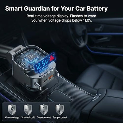 Bluetooth 5.3 Car Adapter, 96W FM Transmitter, 4-in-1 Retractable Charger