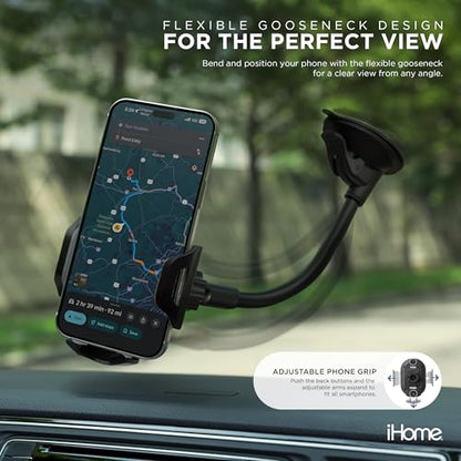 iHome Car Mount, Dashboard/Windshield/Vent Mount, Swivel Neck, Silicone Grip, Adjustable Mount Arm with Suction Cup Base (Gooseneck Car Mount) - style: Gooseneck Car Mount