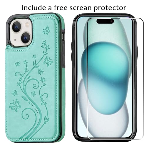 Wallet Case Compatible with iPhone 15,Slim Protective case with Card Holder,Premium PU Leather Kickstand Card Slots with Double Magnetic Clasp for iPhone 15(6.1")-Green Butterfly - color: Green