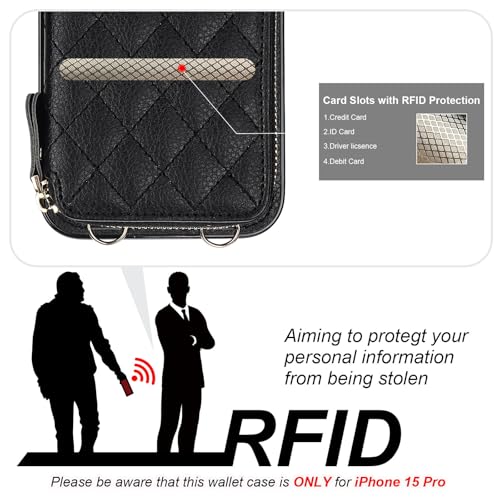 Bocasal Crossbody Wallet Case Card Holder for iPhone 15 Pro, Black | RFID Blocking PU Leather Zipper Handbag Purse, Kickstand Flip Folio Case with Card Slots Holder Wrist Strap Lanyard 6.1 Inch - color: Black