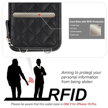 Bocasal Crossbody Wallet Case Card Holder for iPhone 15 Pro, Black | RFID Blocking PU Leather Zipper Handbag Purse, Kickstand Flip Folio Case with Card Slots Holder Wrist Strap Lanyard 6.1 Inch - color: Black