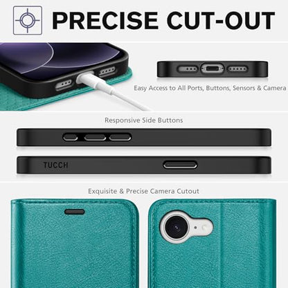 TUCCH Wallet Case for iPhone 17e/iPhone 16e (6.1"), 4 Card Slots, Cyan | RFID Blocking, Viewing Stand, Shockproof TPU Shell, PU Leather, Magnetic Closure, Protective Folio Flip Cover - color: Textured Cyan