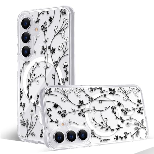 Magnetic Case for Samsung Galaxy S25 FE [Compatible with MagSafe] Cute Clear Flower Floral Case for Women Girls Soft TPU Bumper Hard PC Back Anti-Fall Shockproof Protective Slim Cover A10 - color: Flower Branch 3, size: Samsung Galaxy S25 FE Case