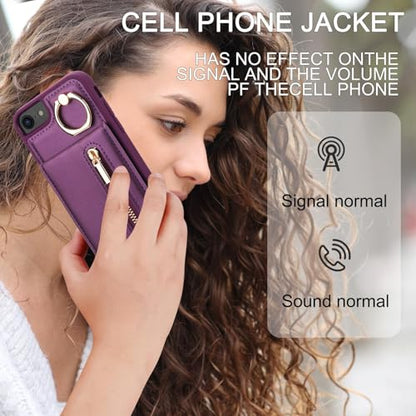 Crossbody Wallet Case for iPhone 7/8/SE 2020/SE 2022, with Card Slots Zipper Pocket Case, Flip Folio Purse RFID Blocking with Ring Kickstand Detachable Strap-Lavender - color: Lavender, size: iPhone 7/8/SE 2020/SE 2022 (4.7")