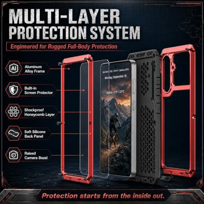 Metal Case for Samsung Galaxy S26 Case 6.3",Full Body Protective Cover Heavy Duty Shockproof [Tough Armour] Aluminum Alloy Case with Silicone Built-in Screen Protector - Red - color: Red