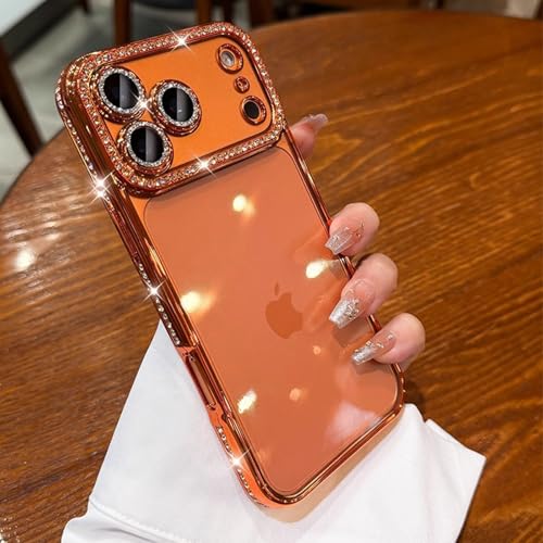 Glitter Diamond Case for iPhone 17 Pro Clear Built in Shiny Camera Protector 17 Pro Case Women Girls Cute Bling Sparkle Luxury Plating Soft TPU Shockproof Protective Phone Cover 6.3", Orange - color: Orange, size: For iPhone 17 Pro 6.3"