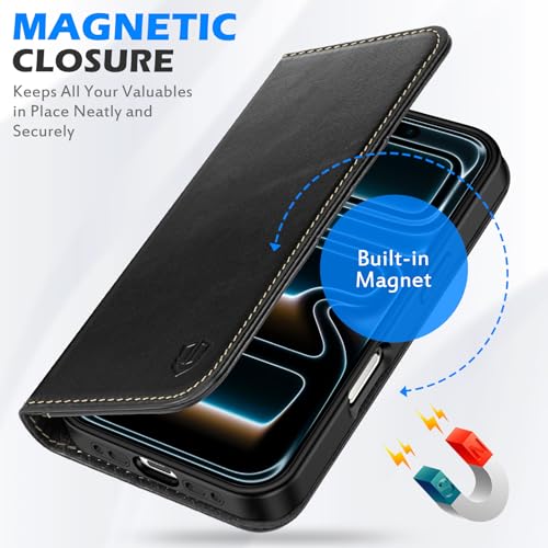 SHIELDON Real Leather Wallet Case for iPhone Air 6.5" 2025, Retro Black | RFID Blocking, Credit Card Holder, Magnetic Closure, Kickstand, Folio Design, Shockproof Phone Cover - color: Retro Black