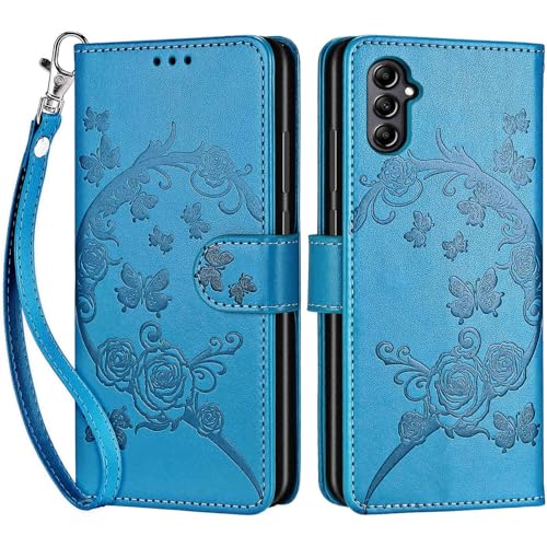 for Samsung Galaxy A14 5G Wallet case, Blue-Flower | 3 Card Holders, Kickstand, Shockproof TPU Shell, PU Leather, Magnetic Closure, Protective Flip Folio Cover, Women - color: 7