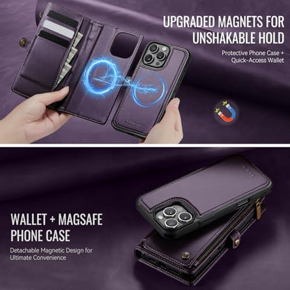Defencase for iPhone 16 Pro Max Case Wallet Compatible with Magsafe, Purple | Drop-Proof Magnetic Detachable Phone Cases Cover, with RFID Bolcking Card Holder, Zipper Strap, PU Leather, Removable Wallet - color: (Detachable with Magsafe)-Purple