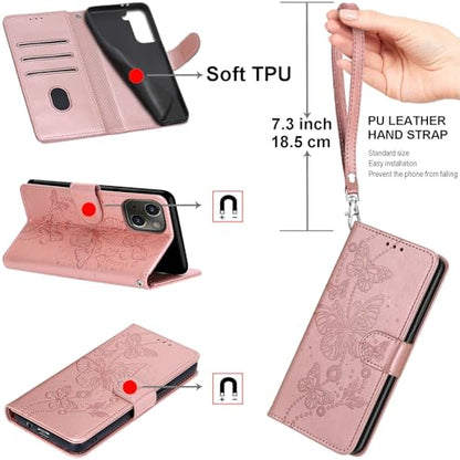 Wallet Case for iPhone 16, Rose Gold Butterfly | Women Flip Folio Cover, Embossed PU Leather, Stand, Credit Card Holders Slots, Wrist Strap - color: 7