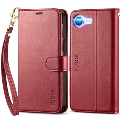 TUCCH Case Wallet with Wrist Strap for iPhone 17e 16e (6.1"), Dark Red | 4 Card Slots, RFID Blocking, Kickstand, Shockproof TPU Shell, PU Leather, Magnetic Closure, Folio Flip Cover - color: Strap - Dark Red