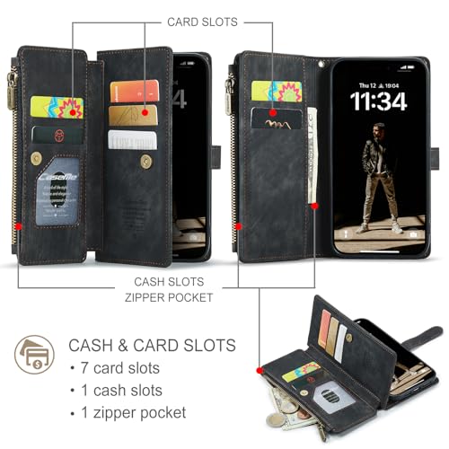Compatible with iPhone 17 Wallet Case with Card Holder Kickstand Magnetic Zipper Pocket Lanyard Strap Wristlet,Leather Flip Case Wallet for iPhone 17 6.3 Inch (Black) - color: Black, size: iPhone 17 6.3 Inch