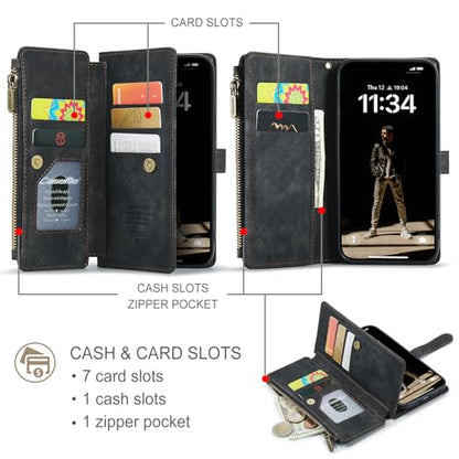 Compatible with iPhone 17 Wallet Case with Card Holder Kickstand Magnetic Zipper Pocket Lanyard Strap Wristlet,Leather Flip Case Wallet for iPhone 17 6.3 Inch (Black) - color: Black, size: iPhone 17 6.3 Inch