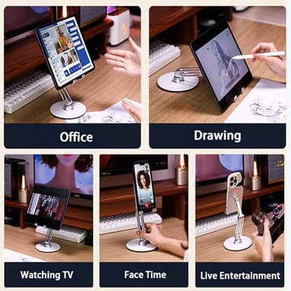 Cell Phone & Tablet Stand for Desk, Adjustable 360° Swivel Aluminum Alloy Desktop Phone Holder with 360-degree Rotating Base and Dual Axis Adjustment for 4"-13" Phone and Tablet - color: L08-Silver