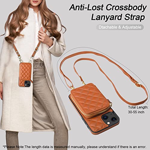 Bocasal Crossbody Wallet Case Card Holder for iPhone 13, Brown | RFID Blocking PU Leather Zipper Handbag Purse, Kickstand Flip Folio Case with Card Slots Holder Wrist Strap Lanyard 6.1 Inch - color: Brown