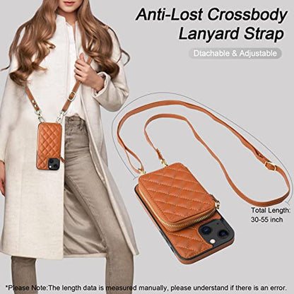 Bocasal Crossbody Wallet Case Card Holder for iPhone 13, Brown | RFID Blocking PU Leather Zipper Handbag Purse, Kickstand Flip Folio Case with Card Slots Holder Wrist Strap Lanyard 6.1 Inch - color: Brown