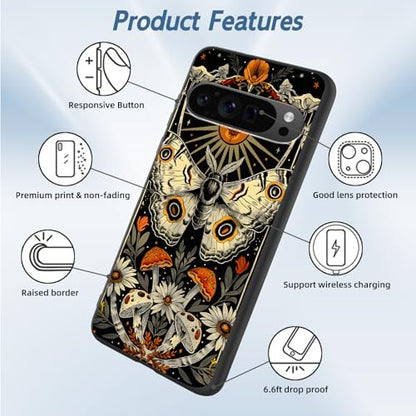 for Google Pixel 9 Pro XL Phone Case TPU Shockproof Full Body Protection Cover 6.8" Moth Mushroom Flower for Pixel 9 Pro XL Lightweight Compatible Wireless Charging Screen Protector Film - color: Moth Mushroom Flower