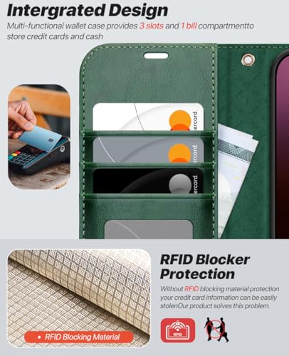 OCASE for iPhone 16 Pro Case Detachable Wallet Case with Card Holder, 2 in 1 Pu Leather Flip Folio with RFID Blocking Stand Wrist Strap Shockproof Phone Cover 6.3 Inch 2024, Blackish Green | Removable magnetic case, with hand strap, wireless charging, car