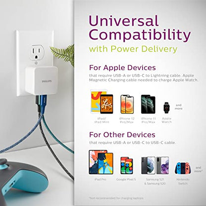 Philips iPhone USB Wall Charger Block, 20W 1 USB C Port, 2 Type A Port