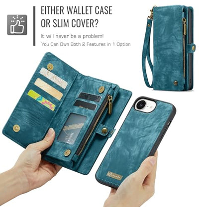 Compatible with iPhone 17E/16E Wallet Case with Magsafe,Blue | Magnetic Detachable Case,Card Holder,Zipper Pocket,Strap Wristlet, Soft Leather Drop-Proof Phone Case for iPhone 17E/16E - color: (Detachable and Magsafe)-Blue, size: iPhone 16E/17E 6.1 Inch