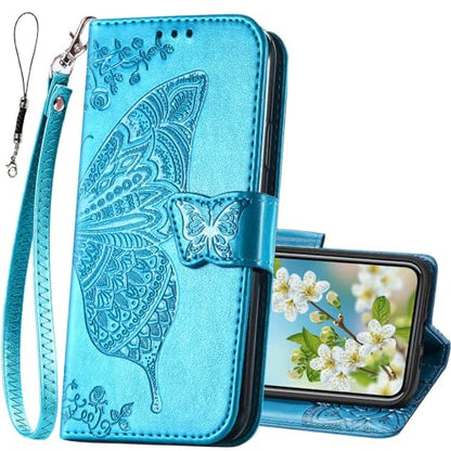 for iPhone 12 Pro/iPhone 12 Wallet Case,Women Flip Folio Cover with Butterfly Embossed PU Leather Kickstand Credit Card Holder Slots Wrist Strap for iPhone 12/12 Pro 6.1 inch (Blue) - color: Blue