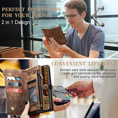 Samsung Galaxy S23 Wallet Case,Zipper Folio Leather Case Wallet with Card Holder Strap Wristlet Detachable Magnetic Protective Back Case for Samsung Galaxy S23 5G 6.1 Inch(Brown) - color: Brown, size: S23 5G 6.1 Inch