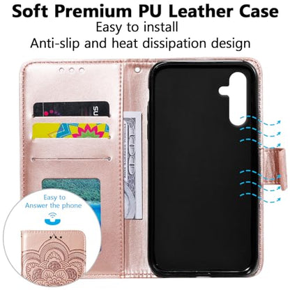 EYZUTAK Case for Samsung Galaxy A15 4G/5G, Premium Leather Magnetic Closure Flip Wallet Phone Case with Card Holder Cash Slot Stand Function Embossed Mandala Flower Shockproof Lanyard Cover -Rose Gold - color: Rose Gold, size: Samsung Galaxy A15 4G/5G