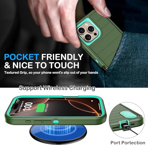 for iPhone 16 Pro Case with Screen Protector,Built-in Invisible Kickstand,Heavy Duty Shockproof Drop Protection Military Grade Tri-Layer Rugged Durable Cell Phone Cover for Apple 16 Pro 6.3"(Green) - color: Green