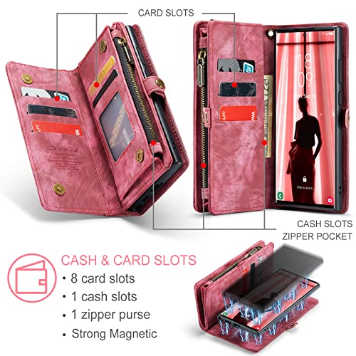Compatible with Samsung Galaxy S23 Ultra Wallet Case,Zipper Folio Leather Case Wallet with Card Holder Strap Wristlet Detachable Magnetic Protective Back Case for Galaxy S23 Ultra 6.8" (Red) - color: Red, size: S23 Ultra 5G 6.8 Inch