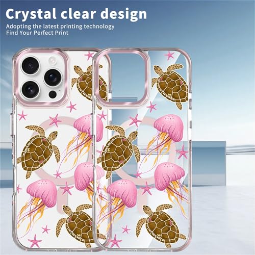VisEnt Clear Case for iPhone 16 ProMax, Magnetic Phone Case, Transparent Slim Cover, Military Grade Protection, Shockproof, Anti-Yellowing, Scratch Resistant, Pink Jellyfish Sea Turtle - color: Pink Jellyfish Sea Turtle, size: Iphone 16 Pro Max