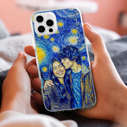 Custom Couple Photo Starry Night Art Matching Phone Case Anniversary Presents - Personalized Phone Case Custom Photo Impressionist Oil Painting Artistic Protective Cell Cover Smartphone Shell