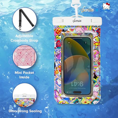 Sonix x Sanrio Waterproof Phone Pouch - Floating Phone Case Dry Bag w/Crossbody Lanyard - Beach Cruise Travel Essentials - Compatible w/All Devices, Touchscreen Friendly | Hello Kitty Stickers - color: Hello Kitty and Friends Stickers