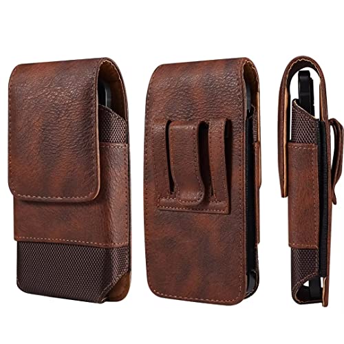 Cell Phone Belt Clip Bag Leather, Cell Phone Waist Holster for Men Small, Waterproof Vertical Cell Phone Wallet Purse Pack Outdoor Hiking Belt Loop Pouch with Locking Hook for Smartphones Under 5.2" - color: Brown
