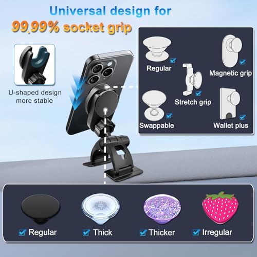 Car Phone Holder for Pop Socket, Dashboard Socket Grip Car Mount Dual Adhesive Base for Any Surfaces, Dash Sockets Phone Mount for Car, Works for iPhone Samsung All Smartphones with Pop Grip - style: Dashboard