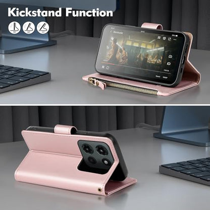 Shieldtop Compatible with Motorola Moto G 2026/2025 / G Play 2026 Wallet Case with Card Holder,Women Men RFID Blocking PU Leather Flip Phone Case Wrist Strap Zipper Credit Card Slots,Rosegold - color: Rose Gold, size: Moto G 2026 / 2025 / G Play 2026 - 6.