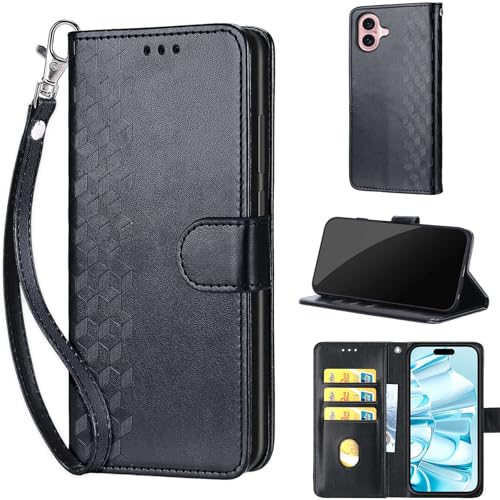 Wallet Case for iPhone 16, Black Cube | Women Flip Folio Cover, Embossed PU Leather, Stand, Credit Card Holders Slots, Wrist Strap - color: 1