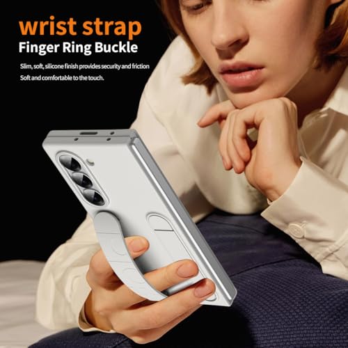 for Samsung Galaxy Z Fold 6 Protect Case with Wristband Stand,Bulit-in Screen & Lens Protection Shockproof Full Body Drop Fall Protection.(White) - color: White
