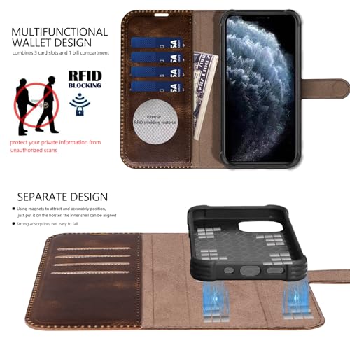 Leather Case Compatible with iPhone 16 Pro Max Wallet 6.9" | Genuine Leather 2in1 Magnetic Detachable Shockproof Kickstand,Flip Folio Cover with Card Slot,Wireless Charging RFID Blocking - color: Brown Coffee, size: 16 Pro Max