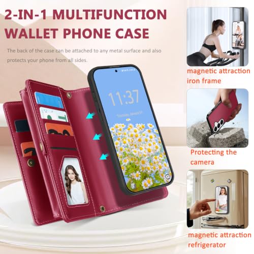 for Samsumg Galaxy S25 Plus Wallet Case, Detachable Magnetic Shockproof Phone Case,Faux Leather Crossbody Wallet,with RFID Blocking，Zipper Card Holder，Shoulder Strap (Red) - color: Red, size: Samsumg Galaxy S25 Plus
