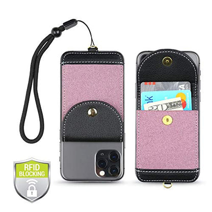 Cell Phone Wallet for Back of Phone with Wrist Strap, Stick On Wallet Credit Card ID Holder with RFID Protection Compatible with iPhone, Galaxy & Most Smartphones and Cases - color: Purple