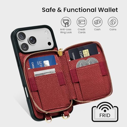 ORNARTO Magnetic Detachable Wallet Case for iPhone 17 Pro Max, Brick Red | Compatible with MagSafe, Crossbody Wallet Case with Card Holder Wrist Strap, RFID Blocking PU Leather Wallet Phone Cover 6.9” - color: Brick Red