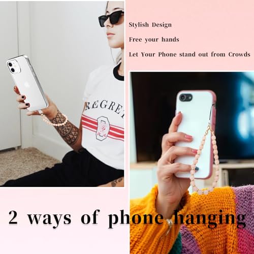 Phone Charm Wrist Strap Marble Beaded Chain Detachable Bracelet Lanyard Hand Wristlet Strap Fashion Accessories Finger Grip with 3 Tether Tab for Women Girl Universal for iPhone 16 Pro Max Rose Quartz