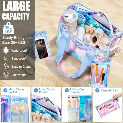 Bagstellar Iridescent Beach Bag, Jelly Tote Bag with Phone Pouch Makeup Bag | Large Beach Bags Waterproof Sandproof, Zipper Beach Tote Clear Pool Swim Boat Bag for Women Summer Travel Cruise Essentials - color: Magenta