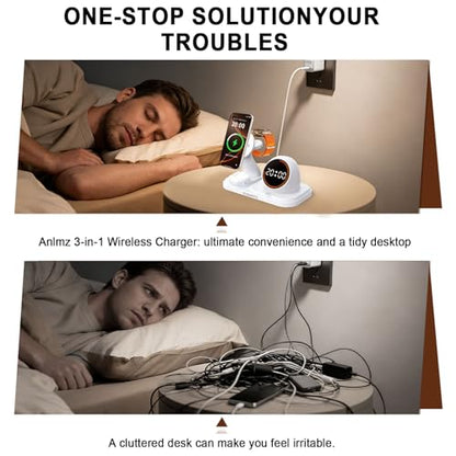 Wireless Charging Station with Clock,6-in-1 Charging Stand - color: White
